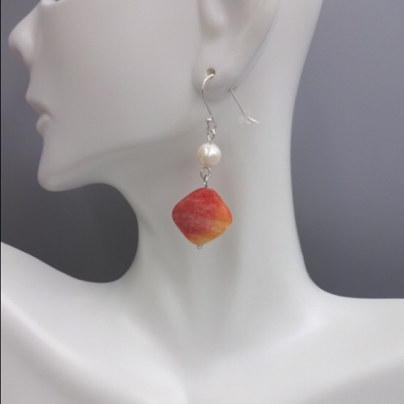 Sterling Pearl and Orange Stone Earrings - Picture 5 of 6